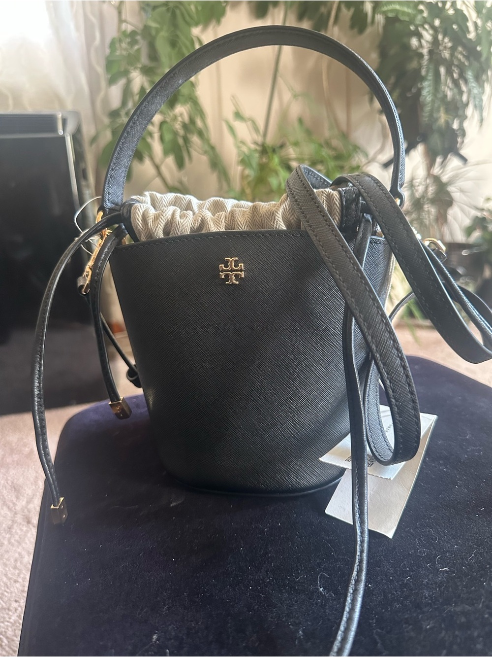 Tory Burch Black Leather Bucket Crossbody with Cream Drawstring